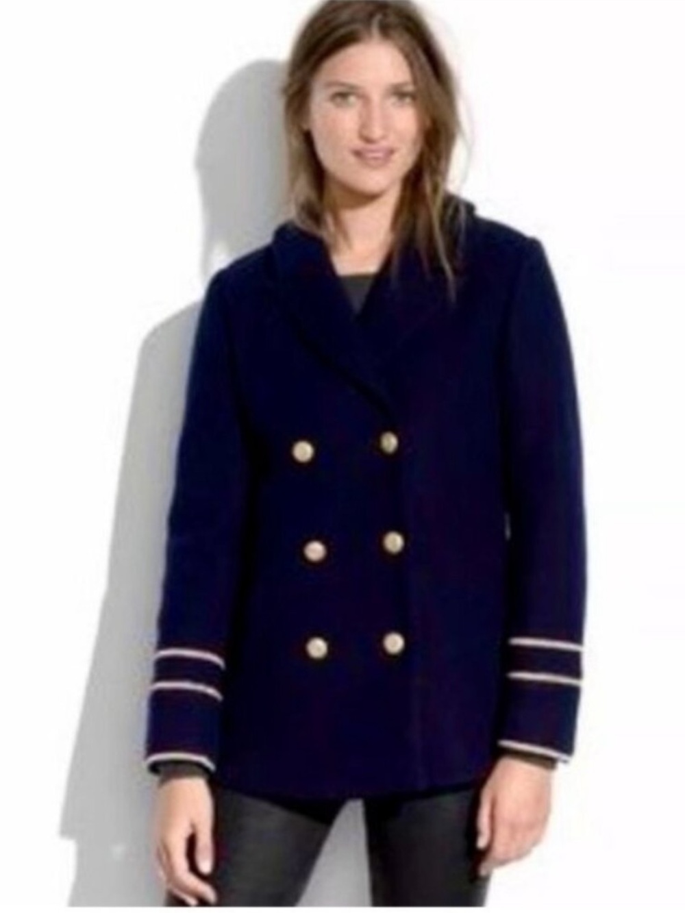 Madewell navy blue sailor military pea coat golden buttons detail Small